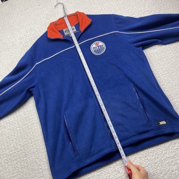 VTG NHL Edmonton Oilers Hockey Mens Sz L Polar Fleece Jacket Blue / Orange Read - Picture 11 of 16